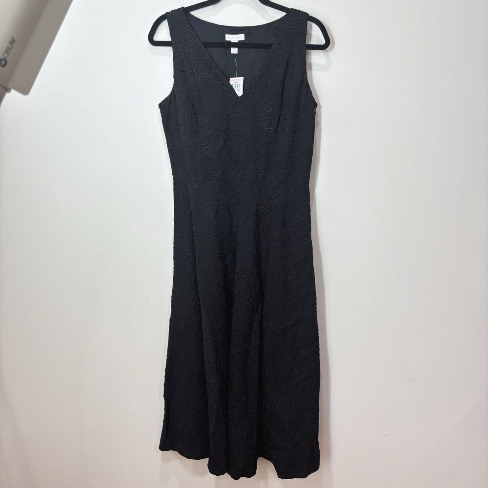 Vintage NWT Silk Linen Midi Dress Women 10 Black Embroidered Elegant Timeless